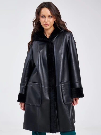 Женское классическое пальто с капюшоном из натуральной овчины премиум класса 2004, черное, размер 54, артикул 63800-3