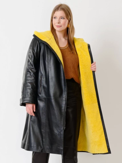 Кожаное женское пальто с капюшоном на подстежке из астрагана премиум класса 3011, черное, размер 48, артикул 25650-4