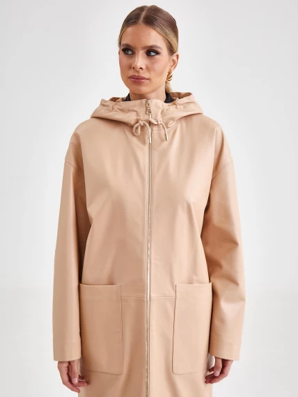 Кожаное женское пальто с капюшоном на молнии премиум класса 3034, бежевое, размер 46, артикул 63420-1