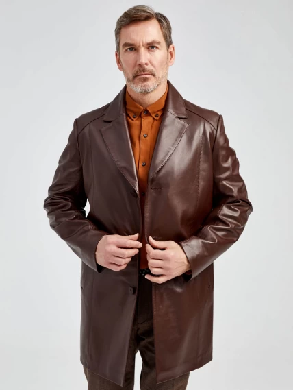 Кожаный пиджак удлиненный премиум класса для мужчин 541, коричневый, размер 48, артикул 29531-0