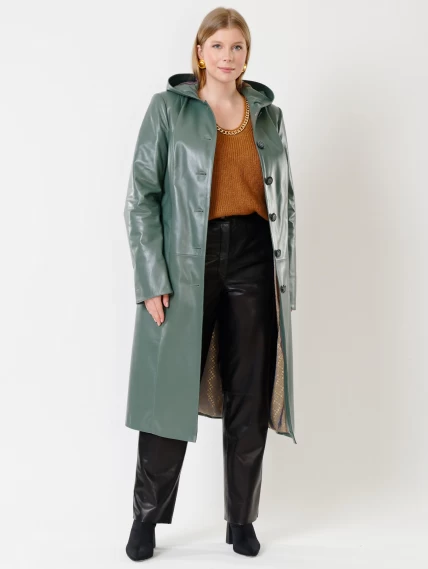 Кожаное женское утепленное пальто с капюшоном премиум класса 380нш, оливковое, размер 48, артикул 25640-1