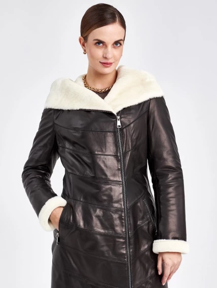 Кожаное пальто зимнее женское 391мех, с капюшоном, черно-белое, размер 46, артикул 91830-6