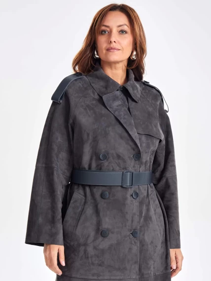 Замшевое двубортное женское пальто френч премиум класса 3070з, темно-серое, размер 44, артикул 63370-2