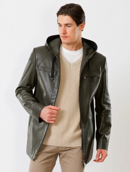 Удлиненная мужская кожаная куртка с капюшоном премиум класса 552, оливковая, размер 48, артикул 28760-2