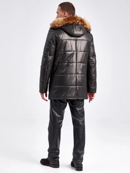Кожаная утепленная мужская куртка аляска с капюшоном и мехом енота 5619, черная, размер 50, артикул 40970-2