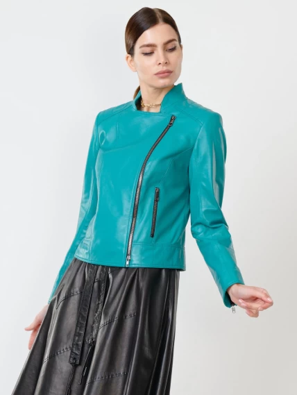 Кожаный комплект женский: Куртка 300 + Юбка 01рс, бирюзовый/черный, размер 44, артикул 111172-3
