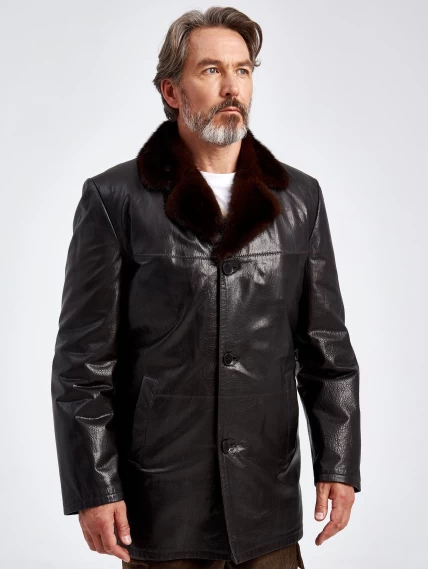 Зимняя мужская кожаная куртка на подкладке из овчины с воротником меха норки премиум класса 5450, коричневая, размер 46, артикул 40640-1