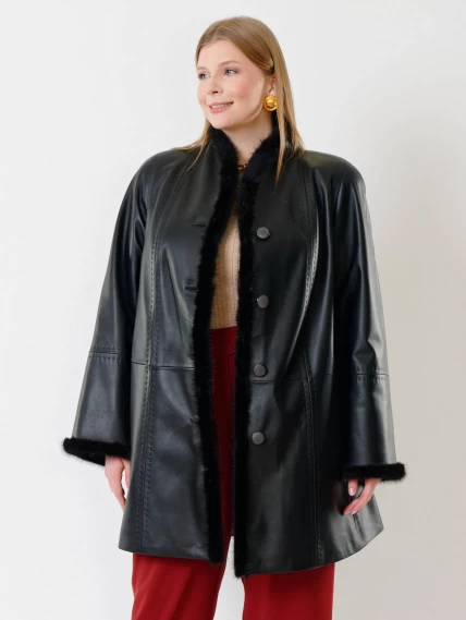 Утепленный женский кожаный плащ с норкой 312рс, черный, размер 58, артикул 23710-0