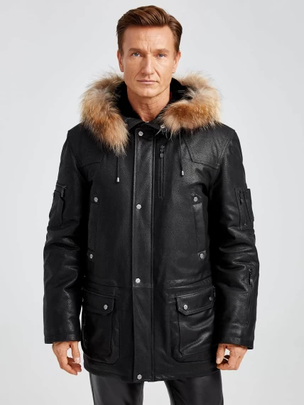 Утепленная мужская кожаная куртка аляска с мехом енота Алекс, черная DS, размер 52, артикул 40380-0