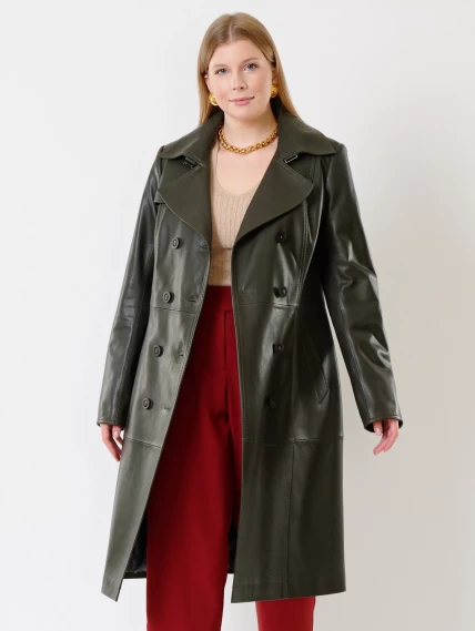 Кожаное двубортное женское пальто с поясом премиум класса 3003, оливковое, размер 48, артикул 63480-2