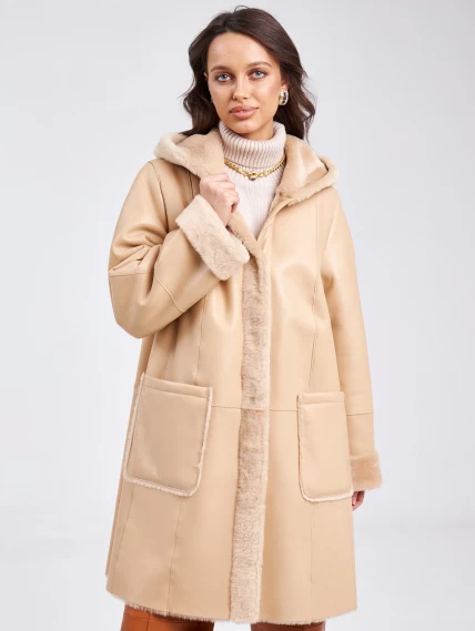 Женское классическое пальто с капюшоном из натуральной овчины премиум класса 2004, бежевое, размер 52, артикул 63810-1