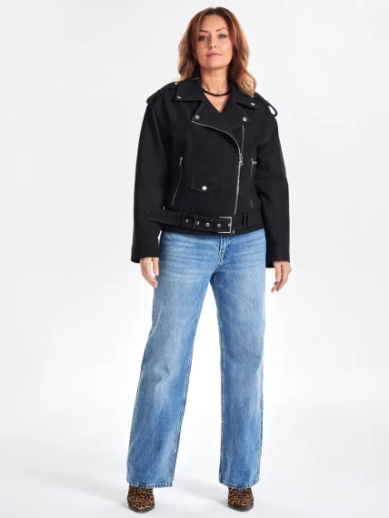 Короткая кожаная куртка косуха с поясом для женщин премиум класса 3052, черная, размер 44, артикул 23440-0