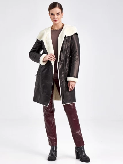 Кожаное пальто зимнее женское 391мех, с капюшоном, черно-белое, размер 46, артикул 91830-1