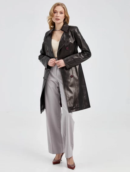 Двубортный кожаный женский френч с поясом 321, черный, размер 40, артикул 91670-3