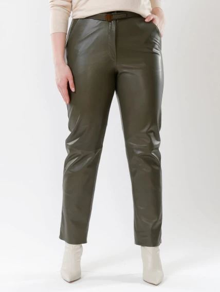 Кожаные прямые женские брюки из натуральной кожи 04, оливковые, размер 46, артикул 85530-2