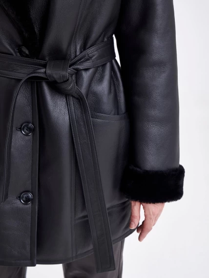 Короткая женская дубленка пиджак с поясом премиум класса 2011, черная, размер 46, артикул 62660-4