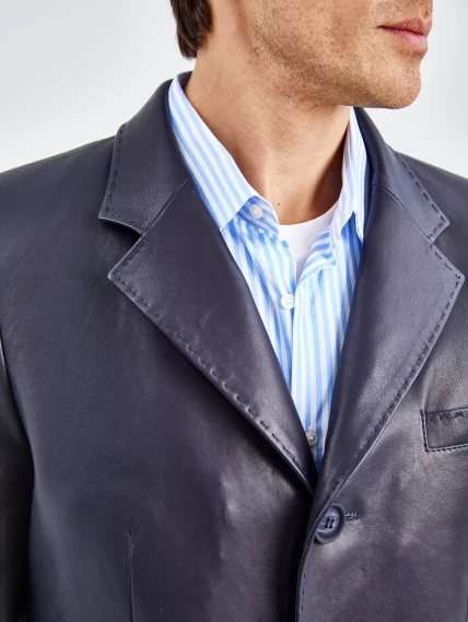 Мужской кожаный пиджак на ручном стежке премиум класса 543, синий, размер 48, артикул 27320-6