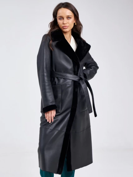 Классическое женское пальто из натуральной овчины премиум класса 2006, черное, размер 48, артикул 63690-5