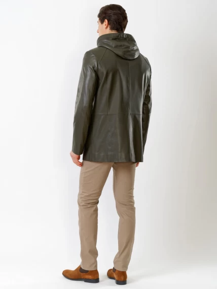 Удлиненная мужская кожаная куртка с капюшоном премиум класса 552, оливковая, размер 48, артикул 28760-4