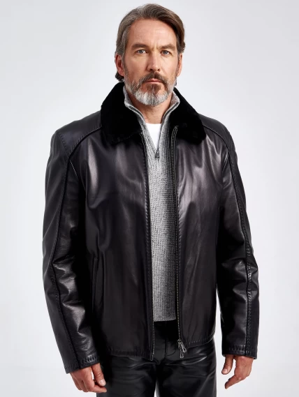 Кожаная мужская зимняя куртка на подкладке из овчины 4615, черная, размер 58, артикул 40550-3