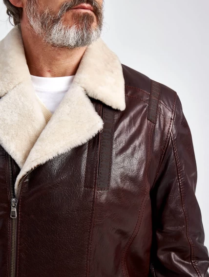 Кожаная зимняя мужская куртка на подкладке из овчины 5362, коричневая, размер 50, артикул 40540-4