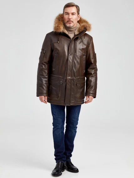 Утепленная мужская кожаная куртка аляска с мехом енота Алекс, светло-коричневая, размер 44, артикул 40450-5