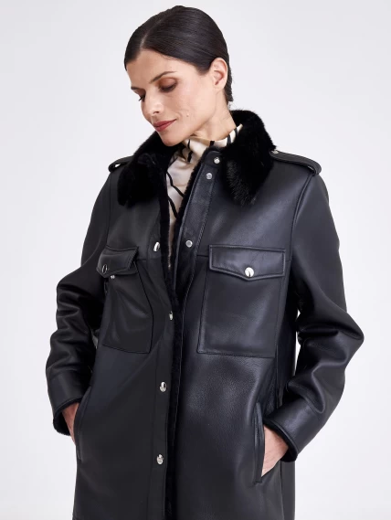 Женское пальто рубашка с воротником из меха норки премиум класса 2016, черная, размер 44, артикул 63620-2