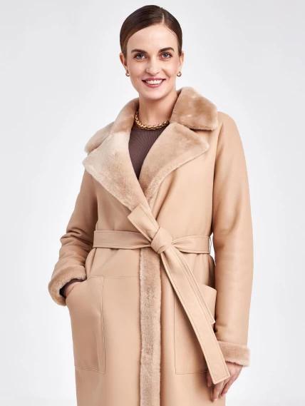 Классическое женское пальто из натуральной овчины премиум класса 2006, бежевое, размер 44, артикул 63700-3