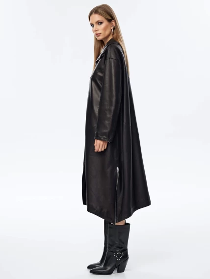 Длинный женский кожаный плащ оверсайз премиум класса 3062, черный, размер 50, артикул 23720-2