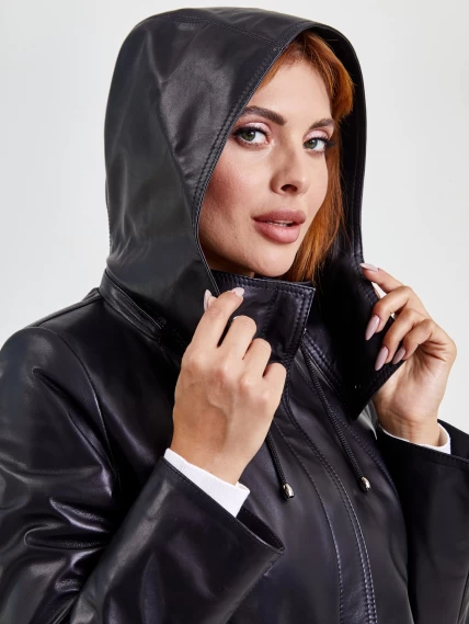 Кожаная женская куртка бомбер с капюшоном 305, черная, размер 50, артикул 91761-5