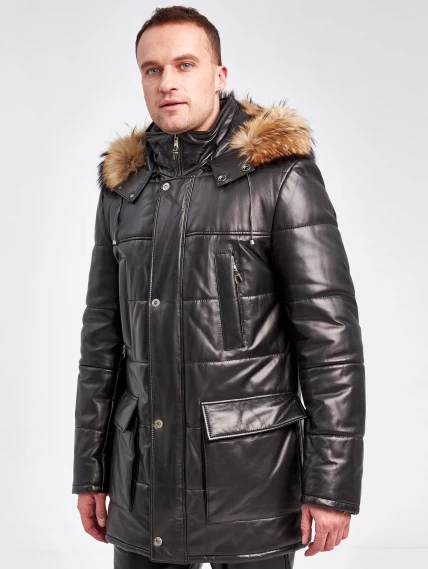 Кожаная утепленная мужская куртка аляска с капюшоном и мехом енота 5619, черная, размер 50, артикул 40970-0