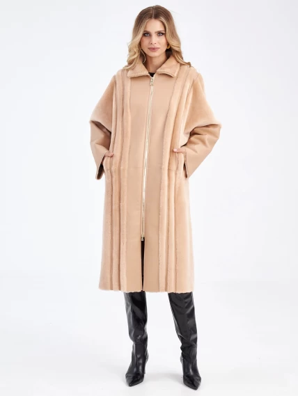 Длинное молодежное женское пальто из натуральной овчины премиум класса 2045, бежевое, размер 44, артикул 63960-1
