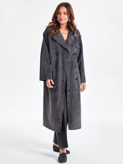 Замшевое двубортное женское пальто френч премиум класса 3070з, темно-серое, размер 44, артикул 63370-0