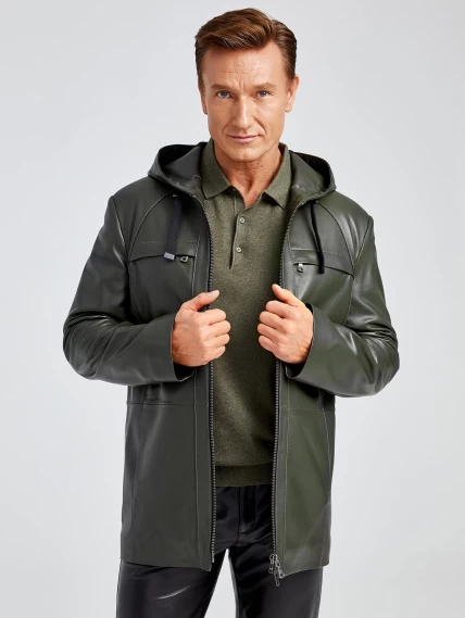 Удлиненная мужская кожаная куртка с капюшоном премиум класса 552, оливковая, размер 48, артикул 28892-6