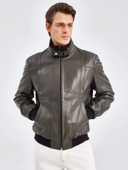 Кожаная куртка бомбер мужская премиум класса 521, оливковая, размер 50, артикул 29030-3