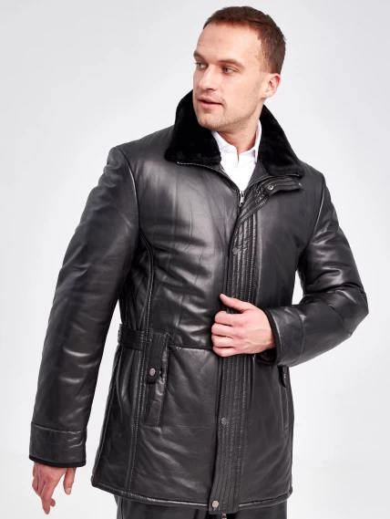 Кожаная зимняя мужская куртка с воротником из овчины 5723, черная, размер 46, артикул 40960-3