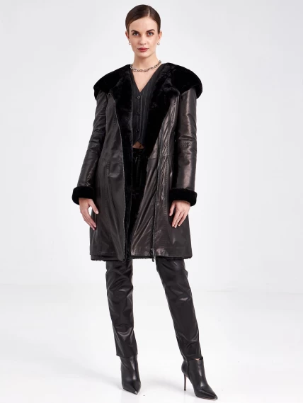 Кожаное пальто зимнее женское 394мех, с капюшоном, черное, размер 46, артикул 91870-1