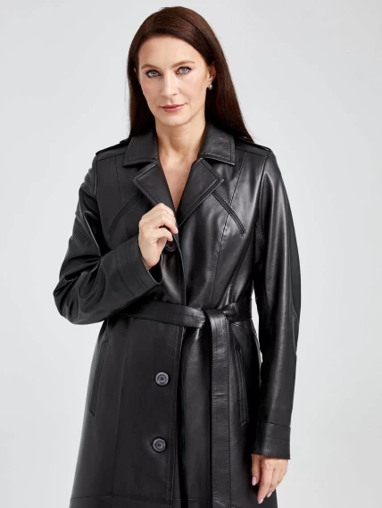 Классический кожаный женский плащ с поясом 3010, черный, размер 48, артикул 91641-0
