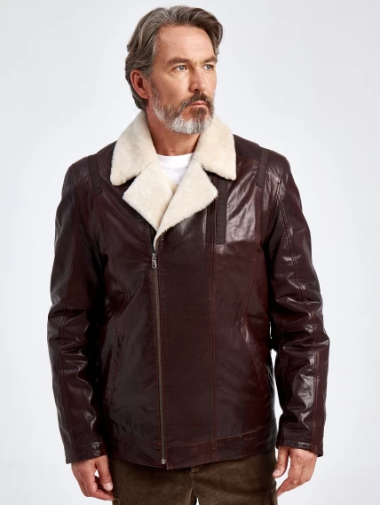 Кожаная зимняя мужская куртка на подкладке из овчины 5362, коричневая, размер 50, артикул 40540-3