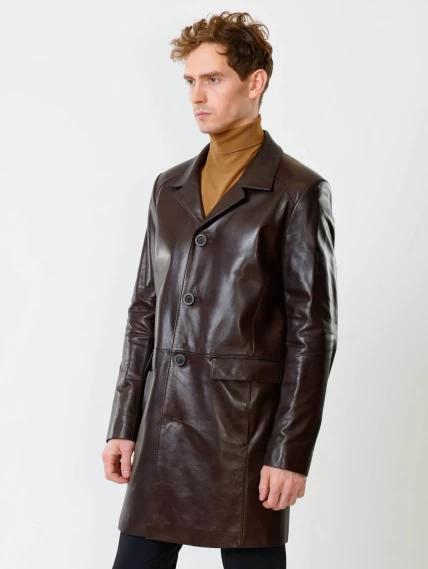 Удлиненный кожаный мужской пиджак премиум класса 539, коричневый, размер 48, артикул 29541-1
