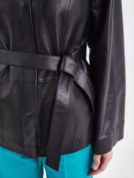 Кожаная женская куртка без воротника с поясом 3019, черная, размер 48, артикул 92110-2
