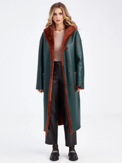 Длинное оверсайз пальто из меховой овчины с капюшоном для женщин премиум класса 2008н, зеленое, размер 42, артикул 63890-4