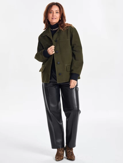 Удлиненная женская кожаная куртка бомбер премиум класса 3065, хаки, размер 44, артикул 23790-1