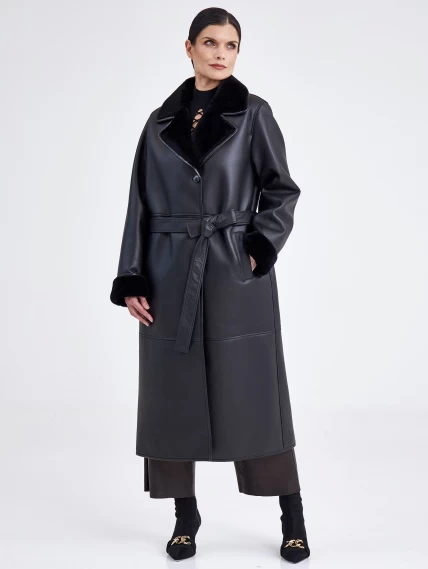 Классическое пальто из натуральной овчины с поясом премиум класса для женщин 2009, черное, размер 46, артикул 63730-4