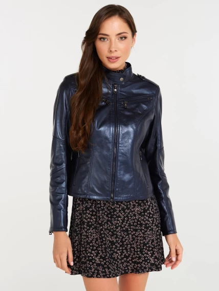 Кожаная куртка женская 399, синий перламутр, размер 44, артикул 90410-4