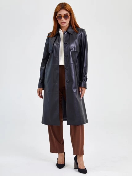 Кожаное женское пальто тренч с поясом премиум класса 3018, черное, размер 50, артикул 25660-0