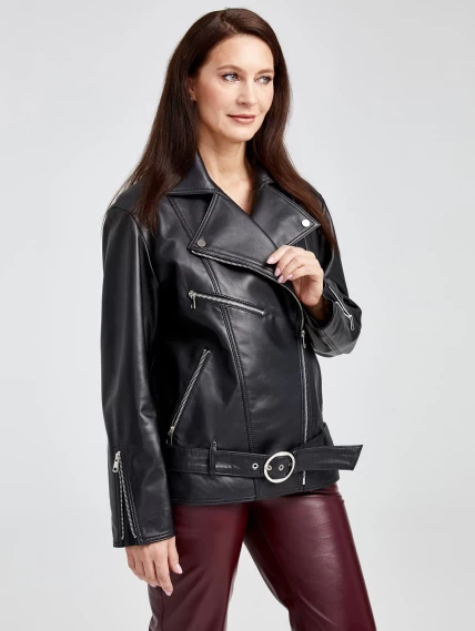 Кожаная женская куртка косуха с поясом 3013, черная, размер 48, артикул 91620-4
