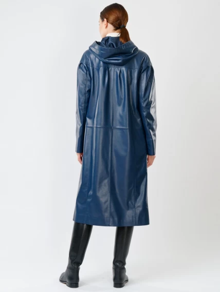Кожаное женское пальто с капюшоном на молнии премиум класса 3009, синее, размер 50, артикул 25600-4