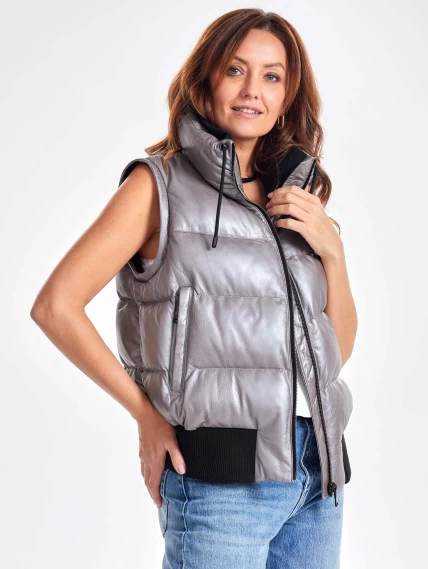 Утепленная стеганная кожаная куртка бомбер премиум класса для женщин 3074, серая, размер 44, артикул 23900-4