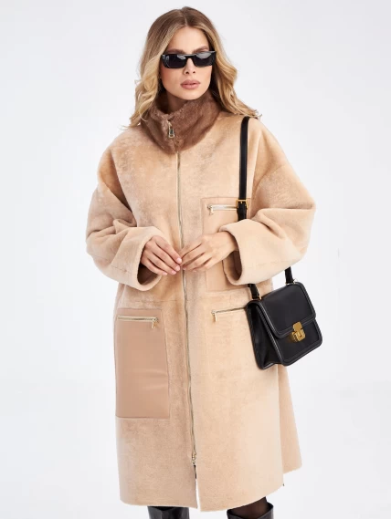 Стильное женское пальто с норковым воротником премиум класса 2041, бежевое, размер 44, артикул 63650-4